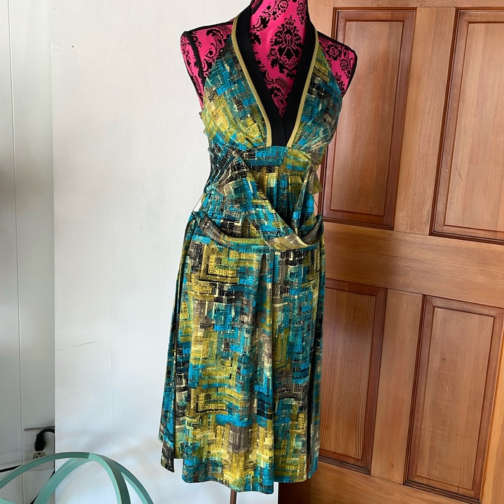 BCBGMaxAzria Backless Dress in Teal and Gold